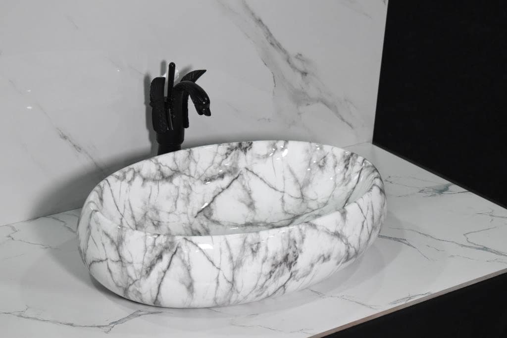 RIYA ENTERPRISE Designer Ceramic Oval Wash Basin Vessel SinkOver Counter Wash Basin for Bathrooms Living Room Black White 216 13 5 inches