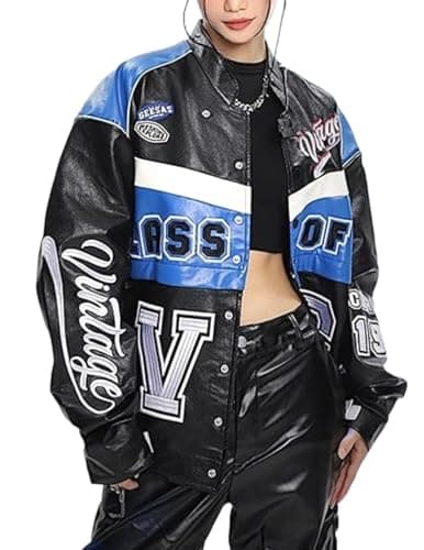 Vamtac Leather Racing Varsity Jackets Oversized Vintage Letterman Racing Bomber Coat Trendy Streetwear Black XS
