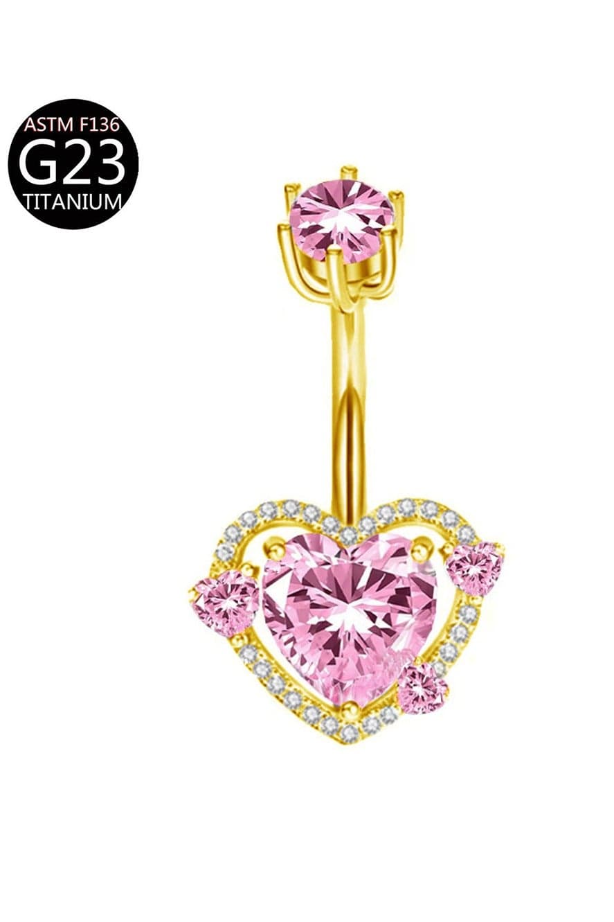Golden Titanium Belly Piercing Love Heart Belly on Ring with Pink Zirconia Surgical Steel Belly Piercing Navel Ring Hypoallergenic Medical Grade Golden Piercing Jewelry For Fashion Women