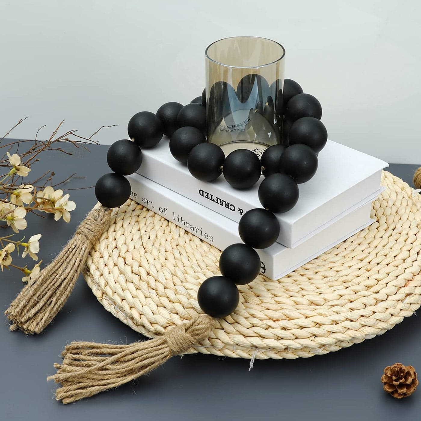 Large Black Wooden Beads Garland Farmhouse Decor 50inch long with 16 Diameter beads Wood Beads Decor Tassel Garland Decorative Boho Country Decoration for Coffee Table Home Tiered Tray Wall Hanging