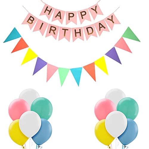 GrandShop 50593 Happy Birthday Party Bunting Flags Banner Pastel Balloons Set of 32 Pcs