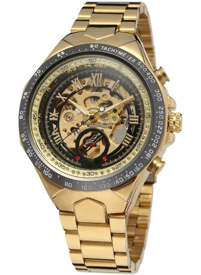 Fully Automatic Mechanical Watches for Men, Skeleton Mechanical Metal Strap Mens Watch, Hollow Carving Technology, 44mm Dial, Waterproof, Classic Roman Number and Second Hand Scale, Gold