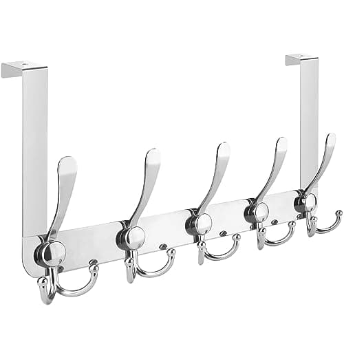 TICONN Over The Door Hooks, 5 Heavy Duty Tri Coat Rack All Metal Coat Hanger for Bathroom Bedroom Dorm (Chrome, 1PK, Fit 1-3/8" Doors)