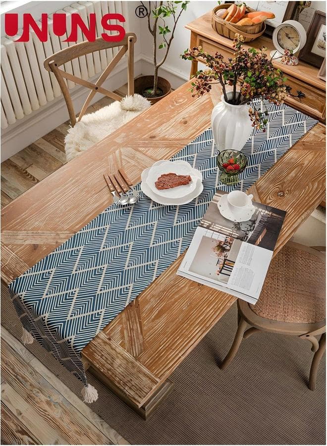 Table Runner,13x87 Inches Navy Wave Pattern Runner With Tassel,Geometry Holiday Coffee Farmhouse Style For Dining Room