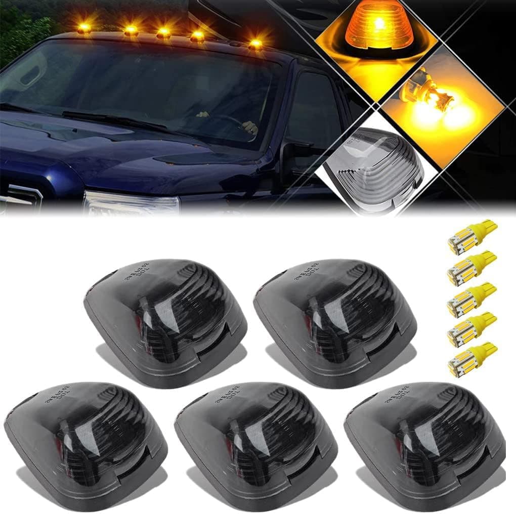 GLOFE 5X Black Smoke Lens Cab Roof Marker Running Lamps with Amber Yellow LED Lights for Ford Super Duty Trucks