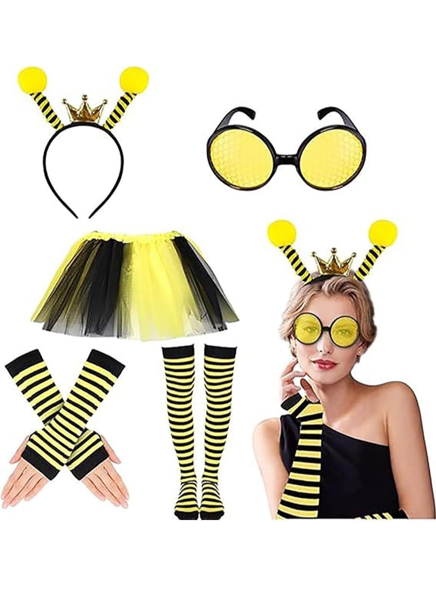 5PCS Bee Costume Kit for Women Kids Cosplay Bee Tutu Kit Bumble Bee Accessories with Tutu Skirt Gloves Headband Striped Sock Sunglasses for Cosplay Party