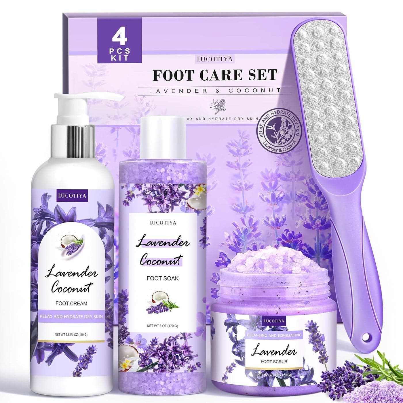 Foot Soak Set Feet Callus Remover Pedicure Set Lavender Foot Soak SaltsFoot FileFoot Scrub Urea Foot Cream Pedicure Supplies For Dry Cracked Feet Foot Spa Kit for Women