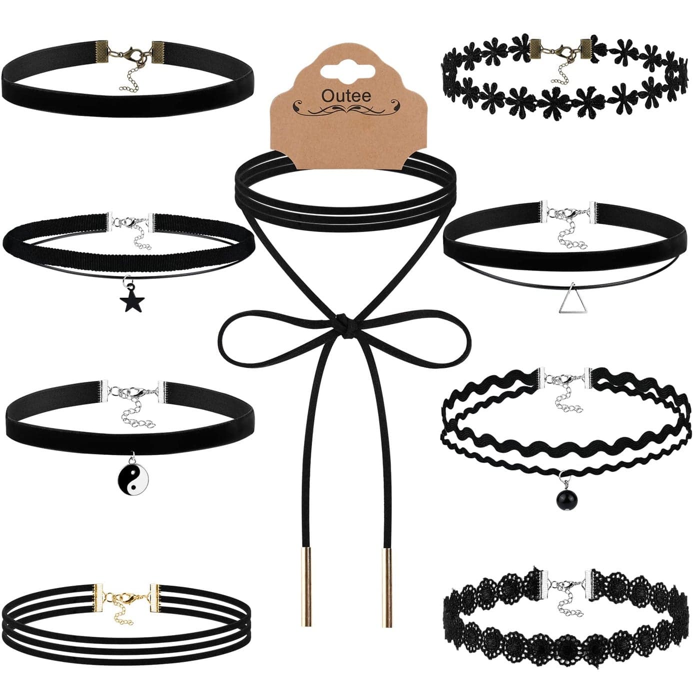 Outee 9 Pcs Choker Set Black Chokers Necklaces for Women Black Velvet Choker Necklaces Ribbon Chokers for Women