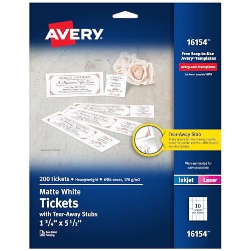 Avery Printable Tickets with Tear-Away Stubs, 1.75" x 5.5", Matte White, 200 Blank Tickets for Laser and Inkjet Printers (16154)
