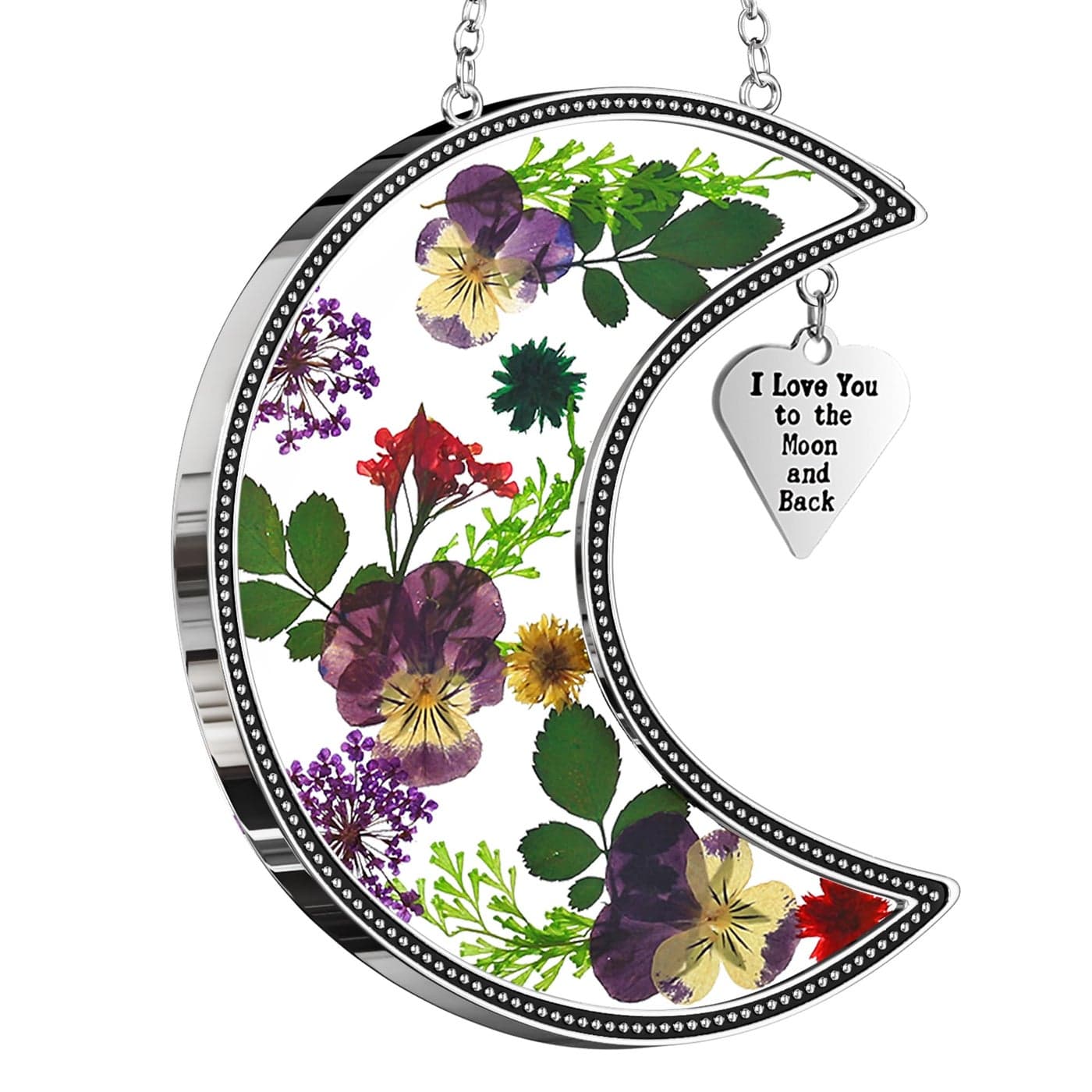 KYBOSAM Moon Suncatcher I Love You to The Moon and Back Glass Hangings for Window Wind Chimes Decor with Pressed Real Flower and Metal Charm Birthday Gifts for Women Mom Mothers Day