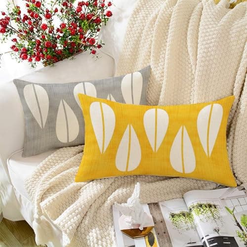 STITCHNEST Set of 2 Polycotton Cushion Covers – Yellow & Grey Abstract Drop Design – 12x18 Inches – Soft & Durable Cushion Covers for Sofa, Bed & Living Room | Perfect for Home Decor