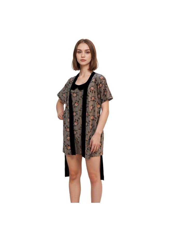 Women's Short Sleeve Robe Cami & Trouser Sleepwear Set with Removable Waist Belt, Brown/Black