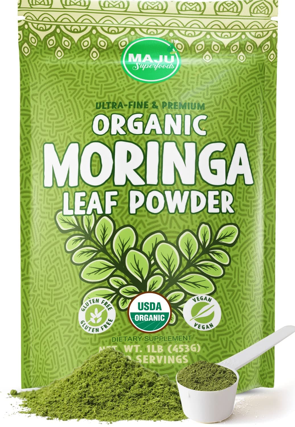 MAJUs Organic Moringa Powder 1 Pound Oleifera Leaf ExtraFine Quality Dried Drumstick Tree Leaves For Tea Smoothies FoodGrade