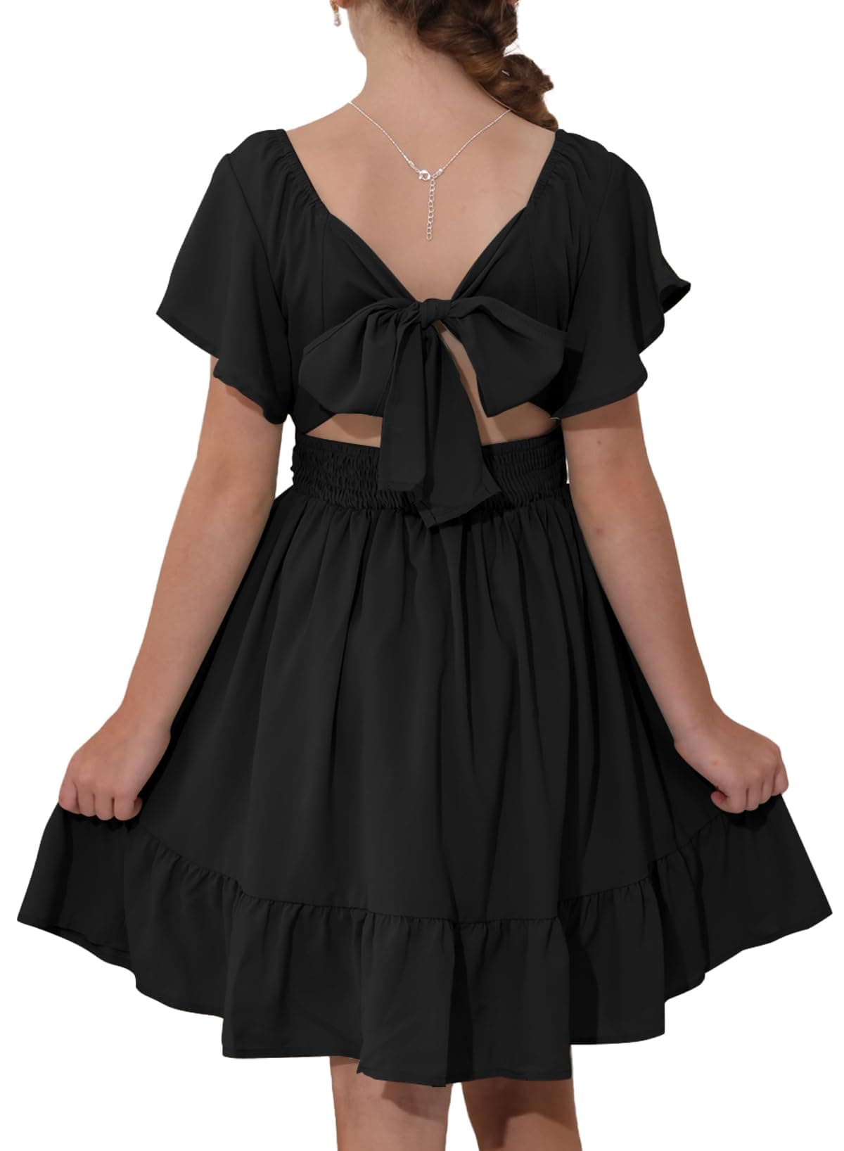 blibean Girls Summer Tie Back Dress Tween Kids Formal Boho Cold Shoulder Cute Dresses Ruffle Party Short Tulle Clothing Vestidos Niñas Size 12-13 Years Old Black