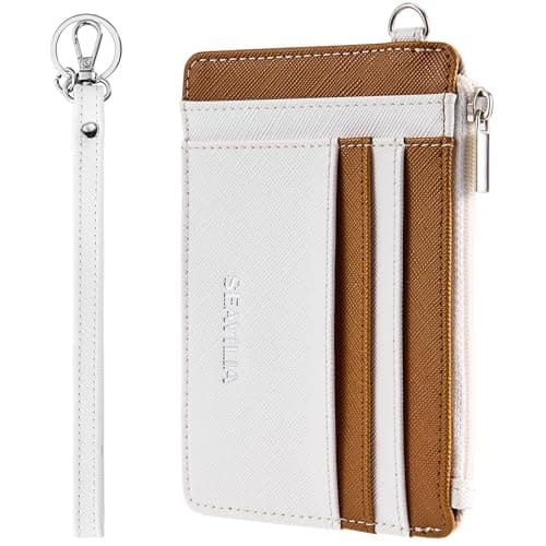 SEAVILIA Small Wallet for Women Slim Wristlet Keychain Wallets RFID Credit Card Holder With Zipper Pocket, ID Window (Beige&Brown)
