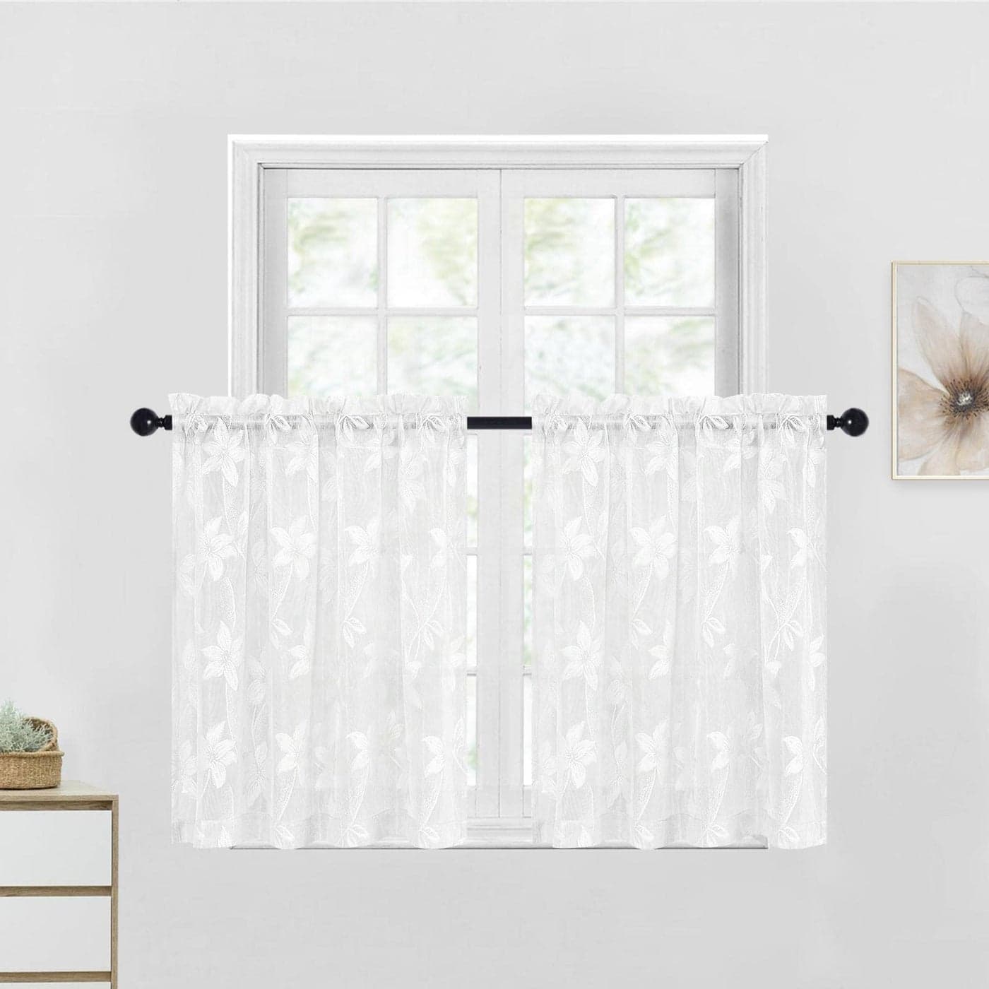 DWCN White Floral Lace Short Curtains Rod Pocket Window Voile Sheer Drapes for Kitchen Living Room Bathroom Small Window 42 x 36 inch 2 Panels Lace White