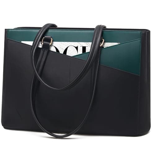 LOVEVOOK Laptop Bag for Women 15.6 Inch Tote Bags Waterproof Leather Briefcase Computer Women Business Office Work Bag,Black/Green