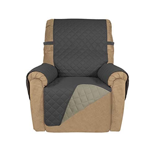 PureFit Reversible Quilted Sofa Cover, Water Resistant Slipcover Furniture Protector, Washable Couch Cover with Non Slip and Elastic Straps for Kids, Dogs, Pets (Small Recliner, Dark Gray/Beige)