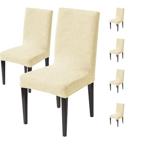 House of Quirk Stretch Jacquard Dining Chair Cover – Universal Fit, 220 GSM, Removable & Washable Short Seat Slipcover Protector (Beige, Pack of 6)