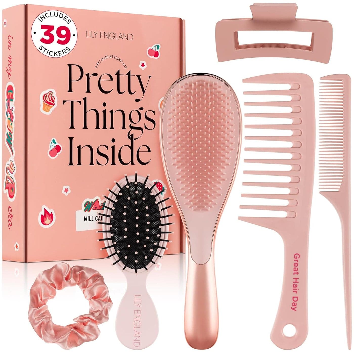 6 Pcs Hair Brush Set with Brush Combs Detangling Brush for All Hair Types with Wide Tooth Tail Comb Scrunchie Claw Clip Hair Care Gift Set with Stickers for Teen Girls Women Kids