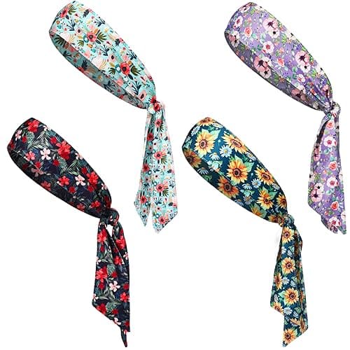 Jutom 4 Pieces Tie Headbands for Men Women Sports Bandana Hair Band Camo Headbands Elastic Sweat Wicking Karate Adjustable Non Slip Hairband for Yoga Workout Running(Vibrant Color,Floral Style)