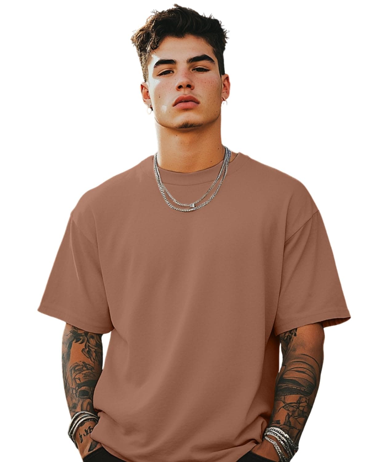Veirdo®Cork Oversized Baggy Fit Drop Shoulder Half Sleeves Round Neck Solid Pure Cotton T-Shirt for Men (OS_100_Cork_S)