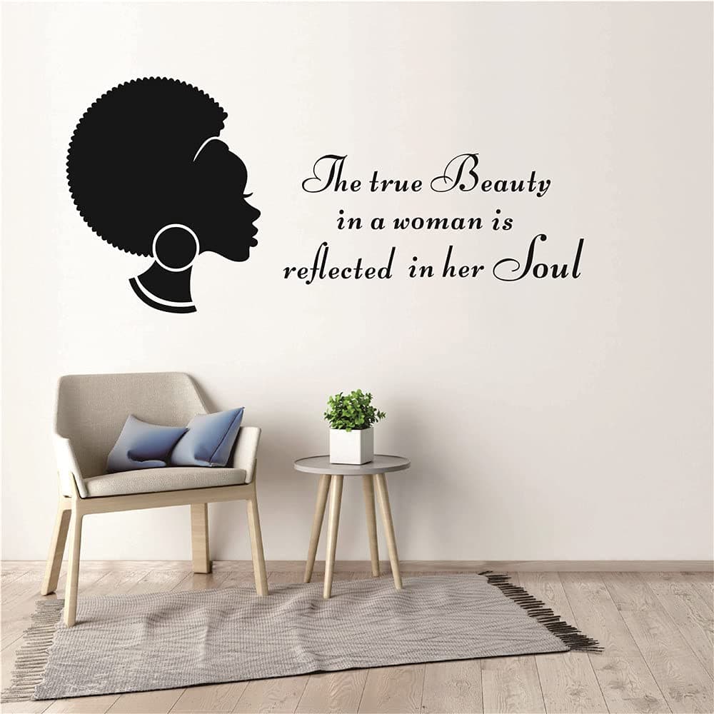 Home Decal African Woman Wall Sticker Quotes Inspirational Words The True Beauty is Soul Wall Decor for Living Room Girl Rooom Beauty Salon Wall Mural TM53
