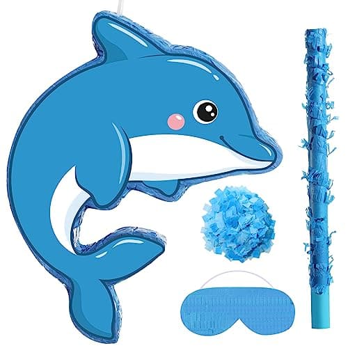 Harrycle Small Dolphin Piata Under the Sea Piata with Blindfold Bat and Confetti for Kids Dolphin Piata Ocean Dolphin Piata Decorations for Kids Birthday Party Baby Shower Supplies 16 x 126 x 3