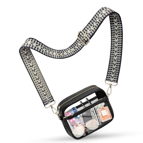 KETIEE Clear Bag for Stadium Events, Clear Crossbody Bag Stadium Approved Clear Purses for Women with Front Pocket, Mesh Pouch and Adjustable Strap for Concerts Sports Festivals (Black)