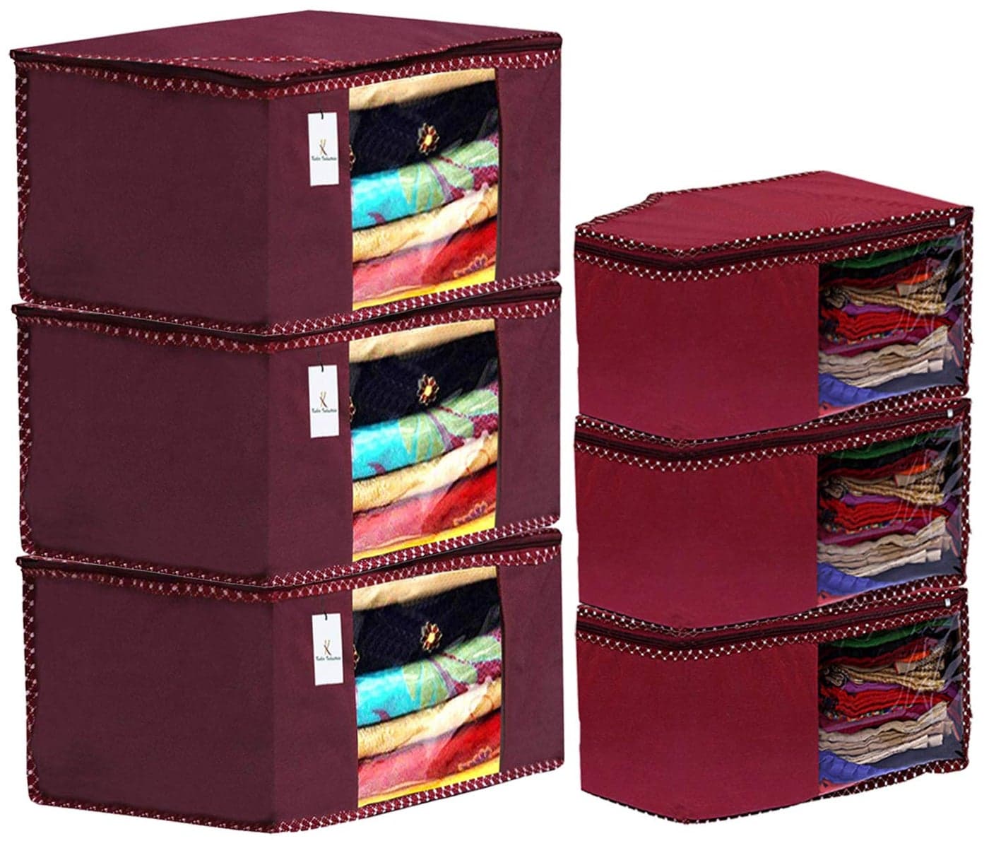 Kuber Industries Non Woven 3 Piece Saree CoverCloth Wardrobe Organizer and 3 Pieces Blouse Cover Combo Set Maroon CTKTC038398