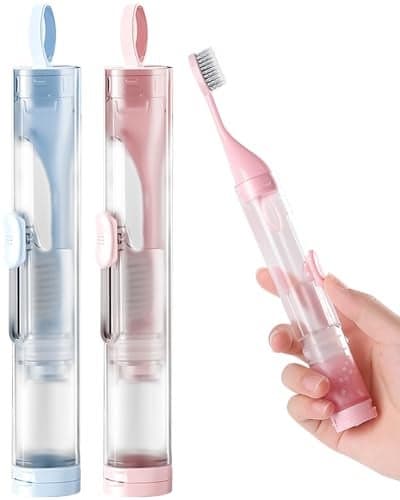 Firstzgel 2 Pcs Travel Toothbrush Kit Fold Builtin Set Soft Bristles for Travel Camping School Business Trip Essential Blue Pink