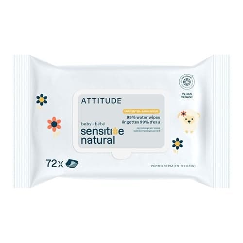ATTITUDE Baby Wipes Unscented, For Sensitive Skin with Oat, Natural Origin, Dermatollogically Tested, For Babies, Toddlers & Kids, Chamomile Extract, EWG Verified, 72 Count