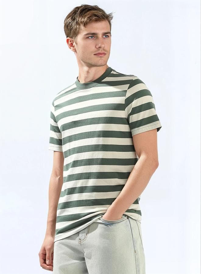 Men's Green 100% Cotton Striped Regular Fit T-Shirt
