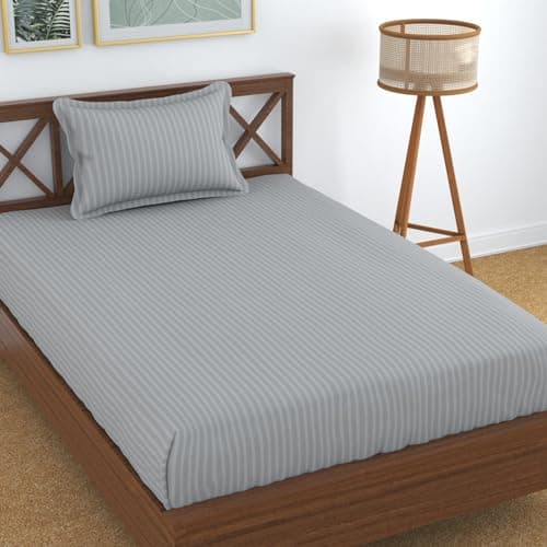 Homefab India 160 TC Stripe Glace Cotton Single BedSheet with 1 Pillow Cover - Silver