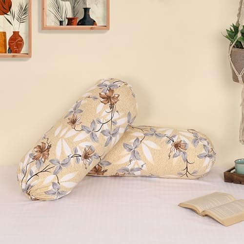 Clasiko Cotton Bolster Pillow Cover Set of 2 – Brown & Grey Flowers Bolsters for Sofa, Bed & Living Room | Soft & Washable Round Pillow Cover Set | Made in India