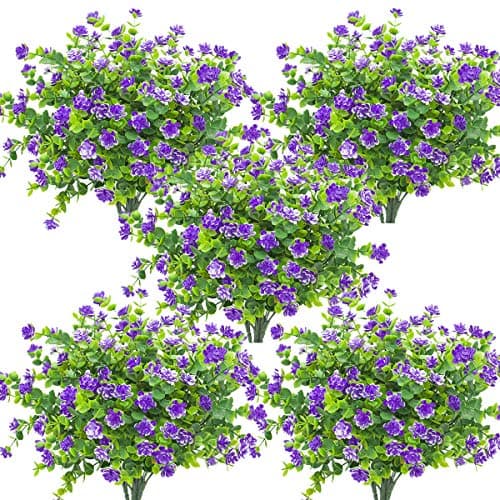 Grunyia 10 Bundles Artificial Fake Flowers Faux Outdoor Plastic Plants UV Resistant Shrubs Outside Indoor Decorations BlueEucalyptus