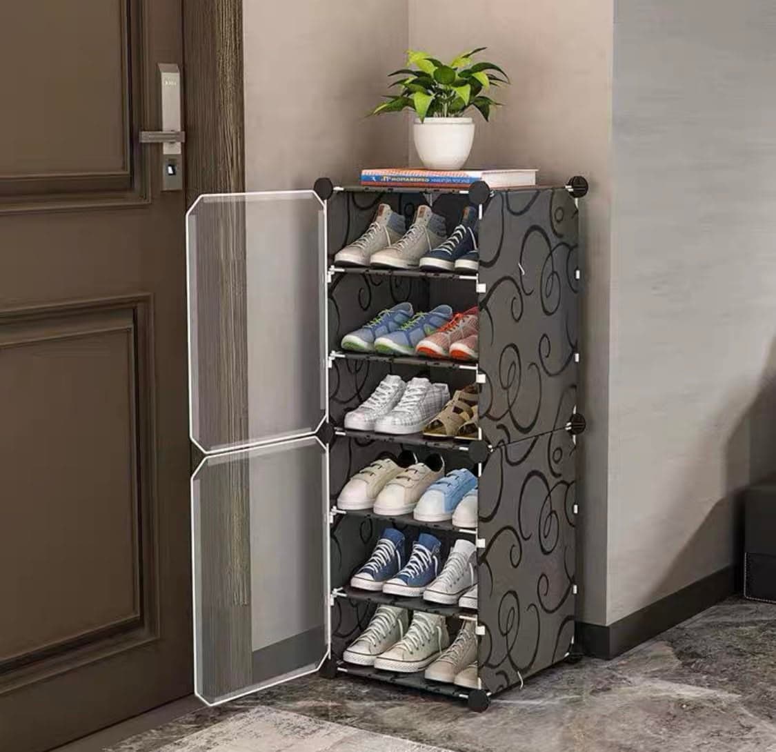 KEEKOS Portable Shoe Rack for Home Plastic with Door,Adjustable Plastic Shoe Rack for Bedroom/Outdoor Waterproof, Shoe Storage Organizer,Multifunctional,Shelves (Blackwhite, 6-Layer)