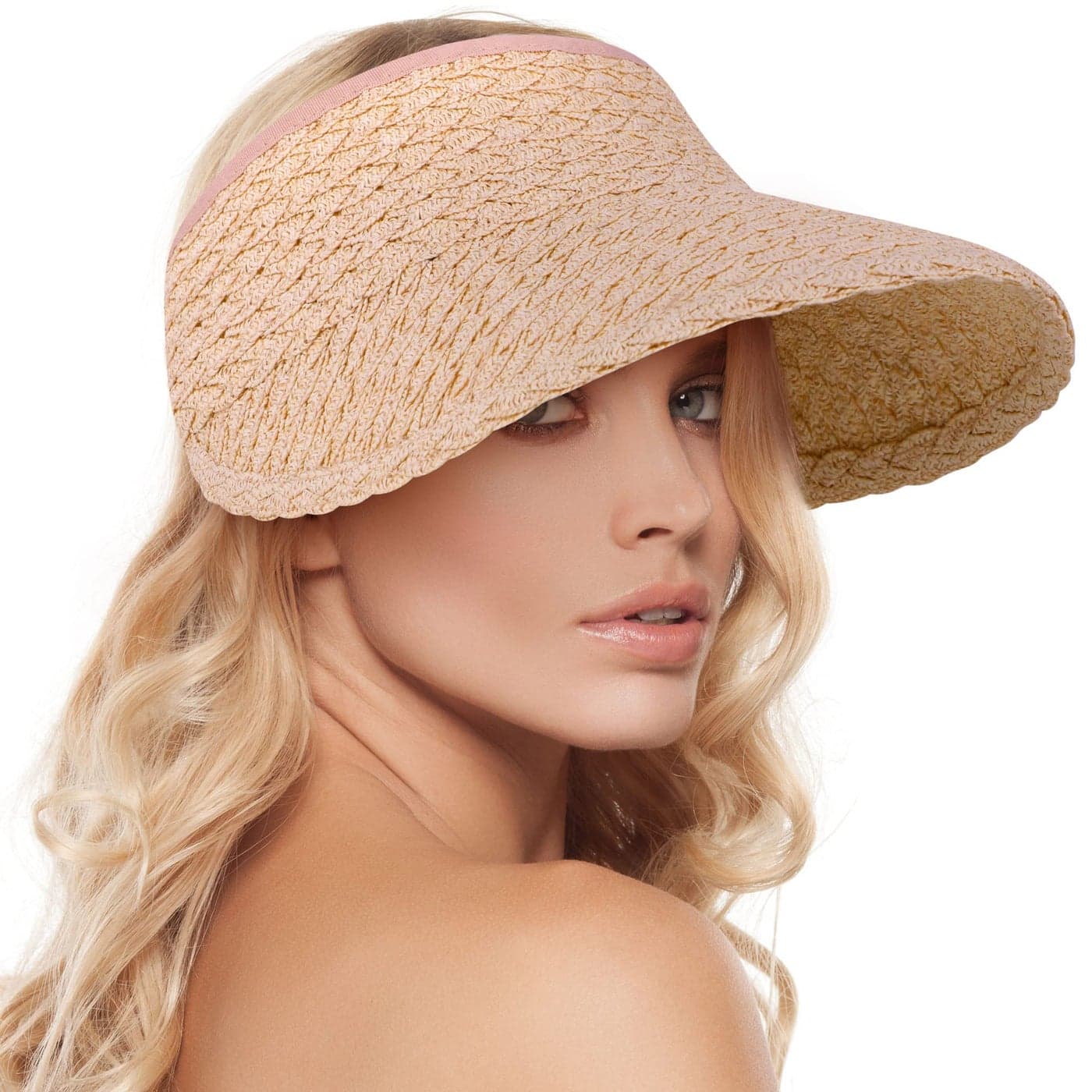 Pink Visor Hats for Women - Foldable Straw Sun Visors, Wide Brim Cream Pink