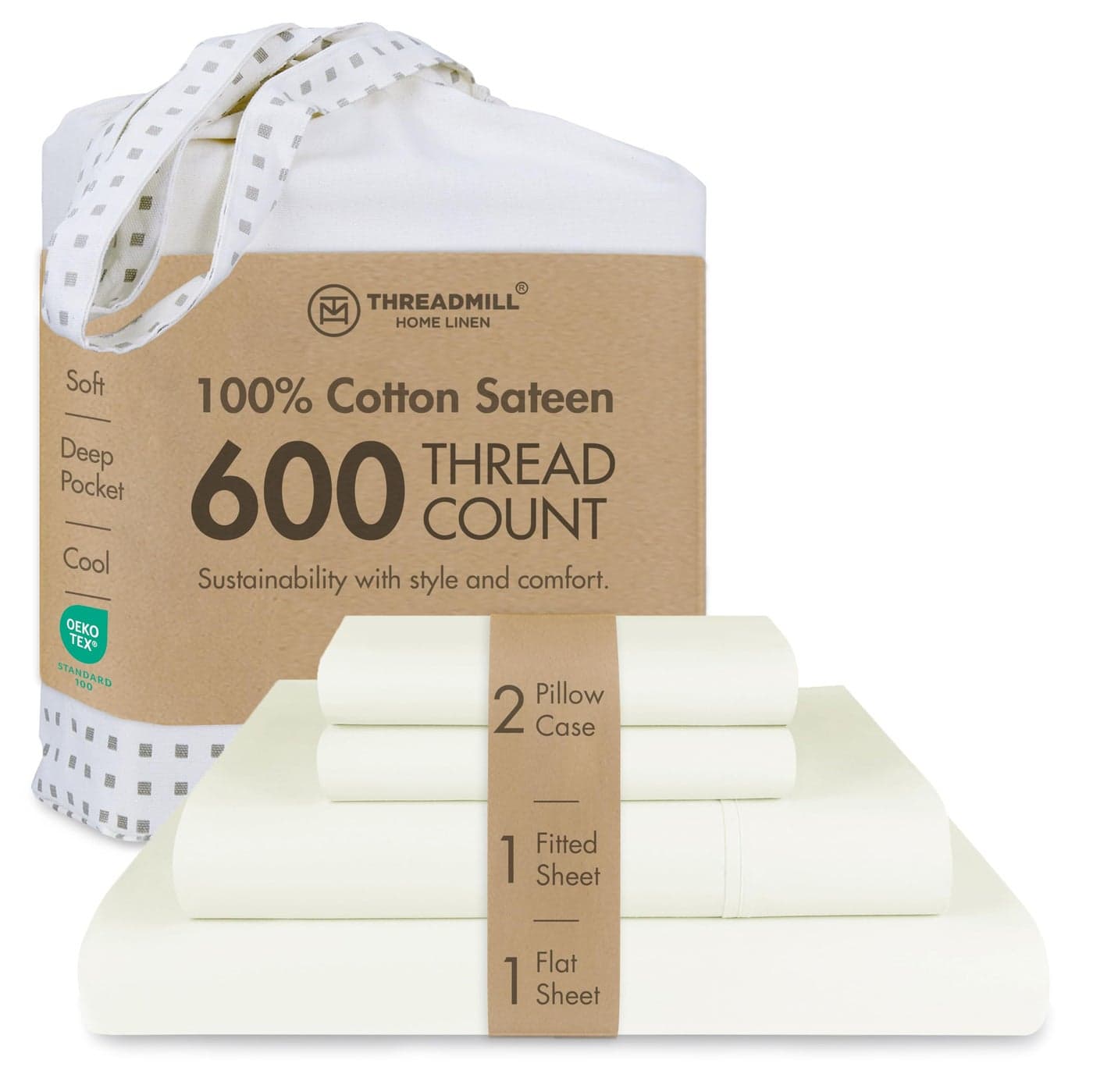 Threadmill 100 Cotton Sheets for Queen Size Bed 600 Thread Count Queen Bed Sheets Set with 16 Deep Pocket Sateen Weave 4Piece Bedding Set with Cooling Effect Ivory