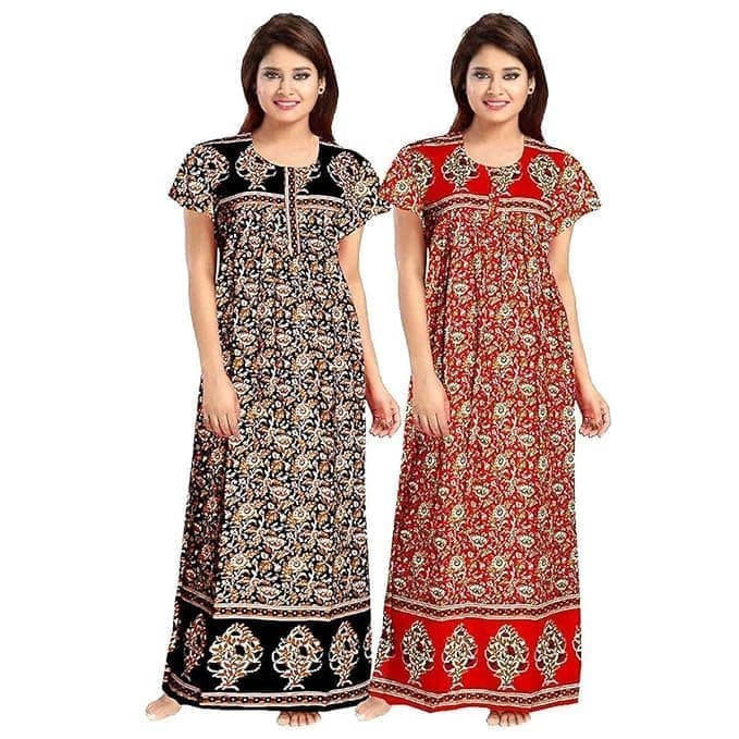 XAKALAKA Women's Cotton Nightgown – Pack of 2 Printed Maxi Nighties | Ankle-Length Night Dress | Free Size Cotton Sleepwear for Women (Black&Red, Free Size)