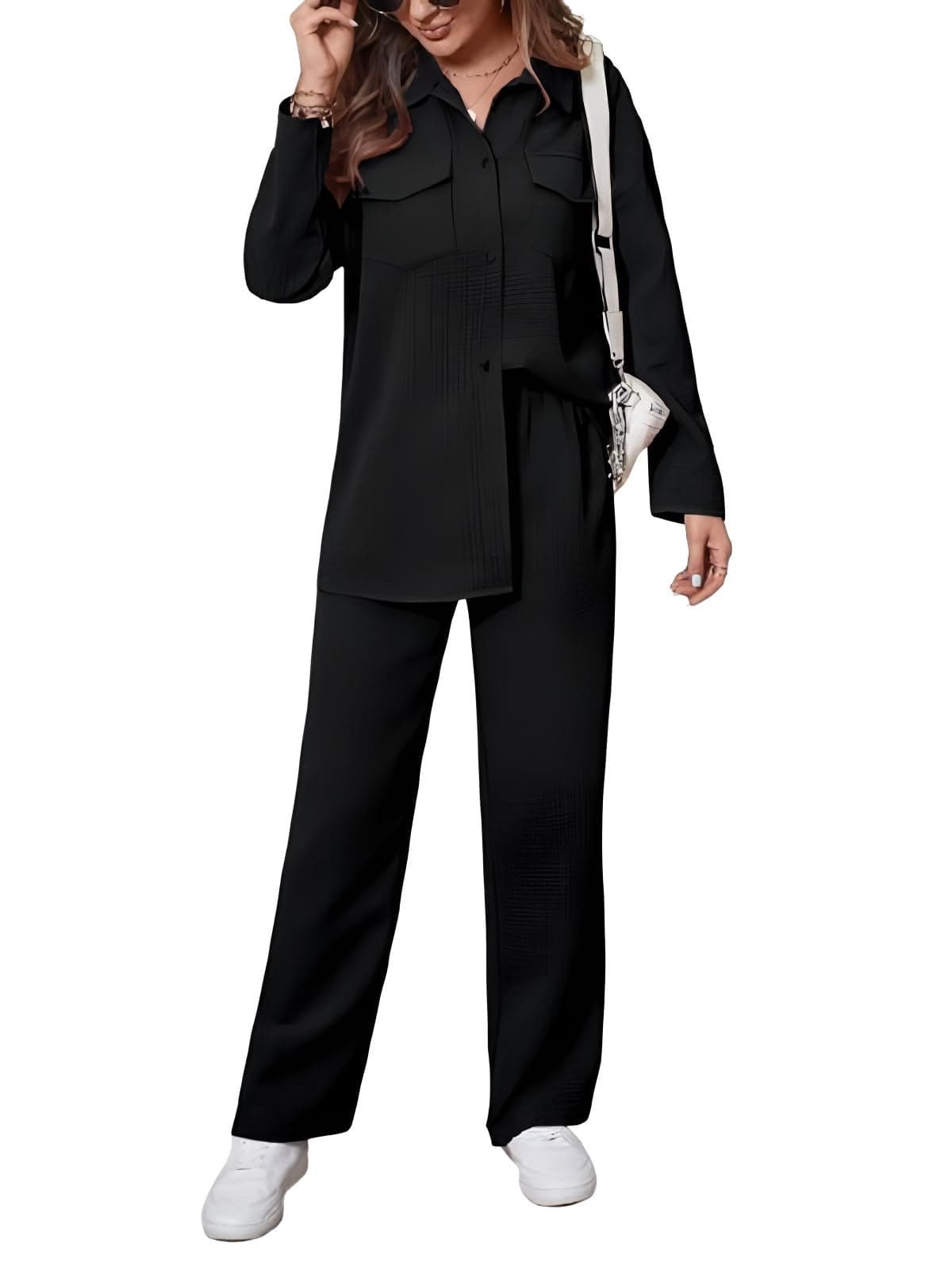 GRECIILOOKS Co-Ord Set for Women | Travel Co-Ord Set | Festive Co Ord Set for Women | Trendy Summer Casual Set | Women's Pajama Set Long Sleeve Button-Down Shirt and Pants | Western Co-Ord Set Black