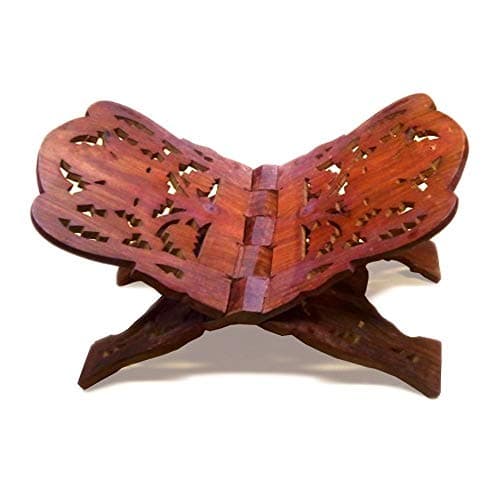 Aafiya Handicrafts Carved Wooden Stand for Holy Books – Quran, Geeta, Bible, Granth and More – Decorative Book Holder with Intricate Design (Brown)