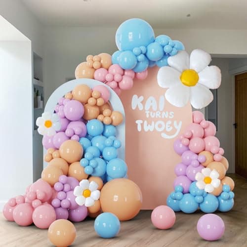 BlissBash 119Pcs Blue Peach Balloon Garland Arch Kit with Pastel Purple Pink Daisy Flower Balloons Perfect for Girls Birthday Decorations PuppyThemed Party Supplies Dog Party