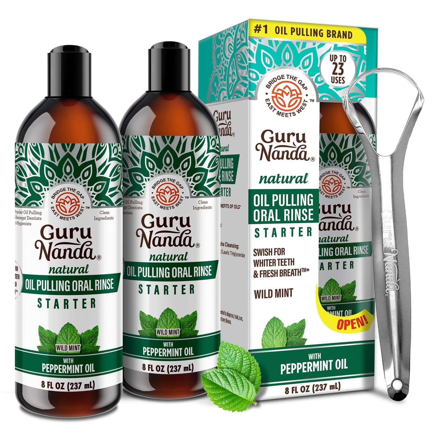 GuruNanda Whitening Pulling Oil with Coconut Oil & Peppermint Oil for Natural Teeth Whitening, Fresh Breath, Alcohol Free Mouthwash (8 Fl.Oz, 2 Pack)