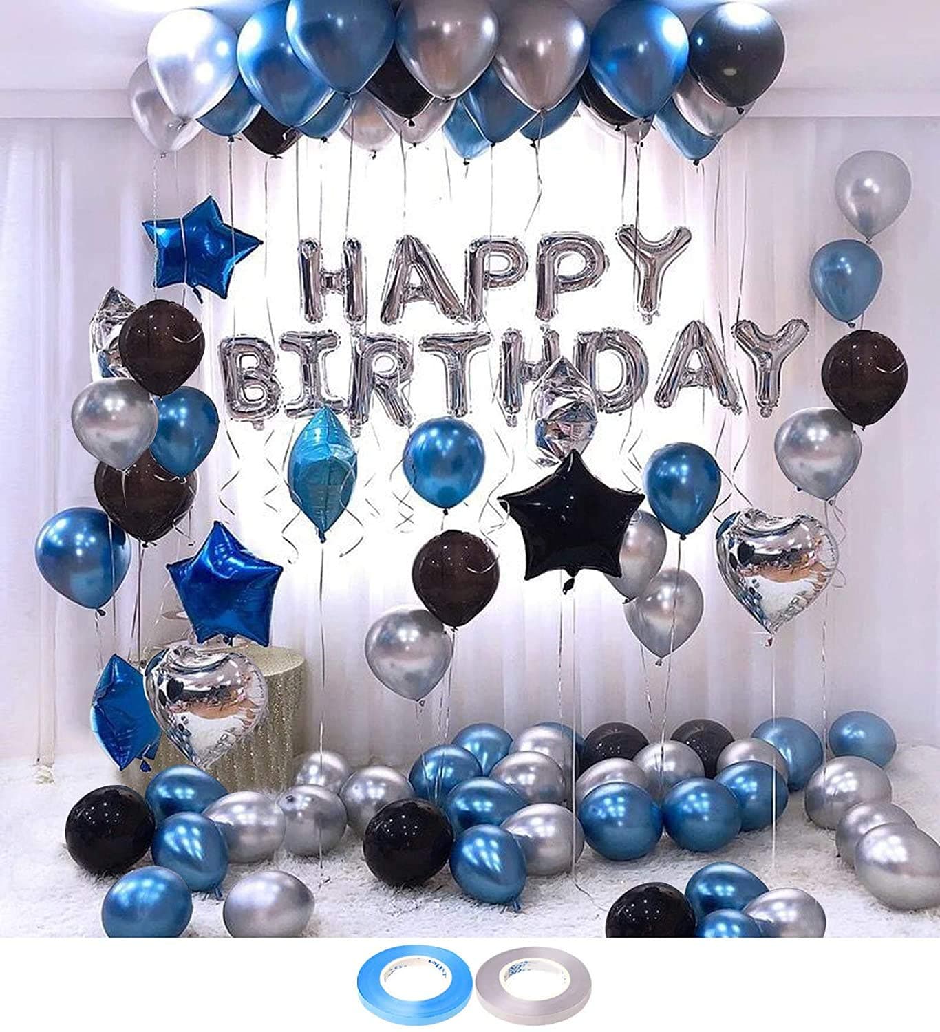 AMFIN® (Pack of 99)【Everything You Need in One Kit】 Happy Birthday Letter Foil Balloon Set with Black Silver Blue Star, Heart Shape & Metallic Balloons with Curling Ribbon for Boy Party Decorations