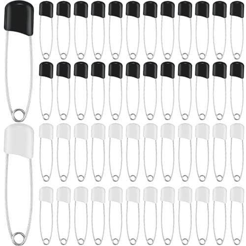 WILLBOND 100 Pcs Safety Pins 22 Inch Plastic Head Cloth Pins with Locking Closures Stainless Steel with Velvet Bag Black and White