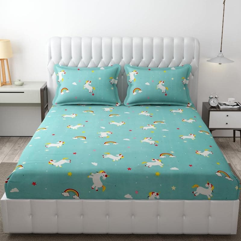 THE FURNISHING WAREHOUSE Glace Cotton Wrinkle Free King Size Double Bed Sheet with 2 Pillow Cover Cartoon Printed 90 in x 95 in-Unicorn Sky
