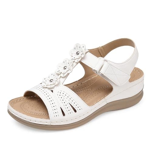 SHIBEVER Wedge Sandals for Women Dressy: White Size 9 Low Summer Platform Comfort Dress Sandal - Comfortable Walking Sandals - Ankle Strap Flat Womens Sandal