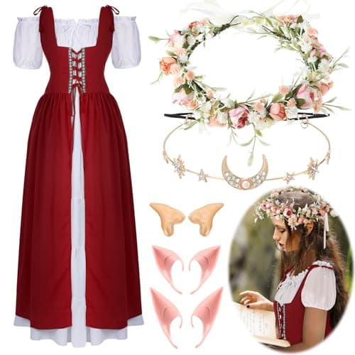 Bonuci 6 Pcs Women Renaissance Costume Fairy Dress Medieval Costume with Elf Ears Moon Head Chain and Woodland Fairy CrownSMWine Red