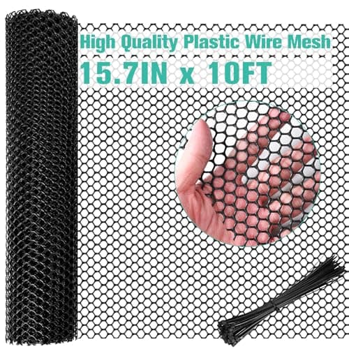Plastic Mesh Fence Sheet 157IN x 10FT 03IN Opening Plastic Chicken Wire Netting Roll Durable for Dogs Poultry Puppy Garden Snake Barrier with 50 Pcs Zip Ties Black
